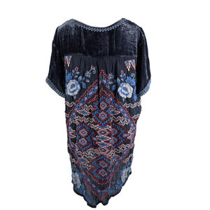 Johnny Was Velvet Tunic Top Size L Blue Floral Embroidered Back Lagenlook Boho